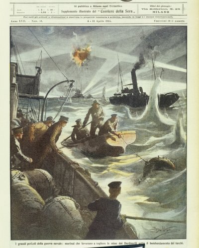 Alliierte Seemänner versuchen, Minen unter türkischem Artilleriefeuer zu entschärfen, während des Ersten Weltkriegs 1914-1918 (Lithographie) von Achille Beltrame