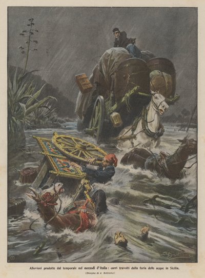 Überschwemmungen durch das Gewitter im Süden Italiens, Wagen von den Fluten in Sizilien mitgerissen von Achille Beltrame