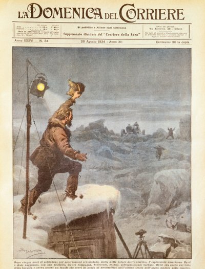 Amerikanischer Entdecker Richard E. Byrd, der nach fünf Monaten allein in der Antarktis von Gefährten begleitet wird, von Achille Beltrame, Illustration, Illustrator Achille Beltrame (1871-1945), aus La Domenica del Corriere, 26. August 1934 von Achille Beltrame
