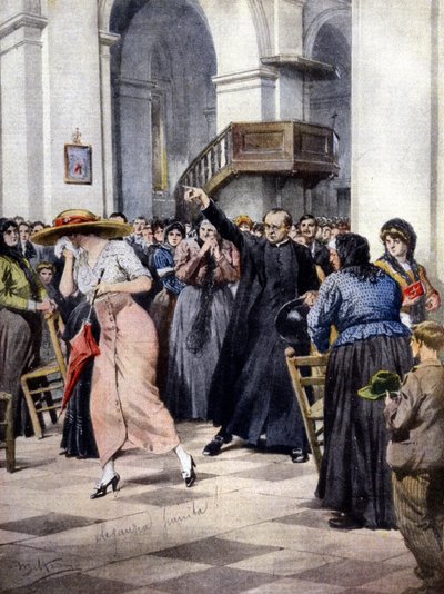 Ein Beispiel religiösen Moralismus: Eine junge Frau wird von einem Priester und den Gläubigen aus der Kirche gejagt, weil sie leicht bekleidet ist. Ill. von A. Beltrame. "La Domenica del Corriere" von Achille Beltrame