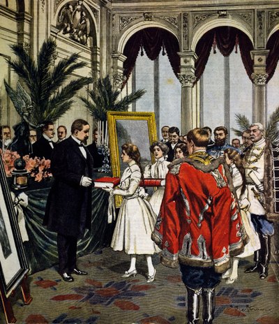 Jahrestag des Autors von Quo Vadis?, Geschenkübergabe an Sinkievicz in Warschau, Illustration von Achille Beltrame, La Domenica del Corriere, Nr. 3, 20. Januar von Achille Beltrame