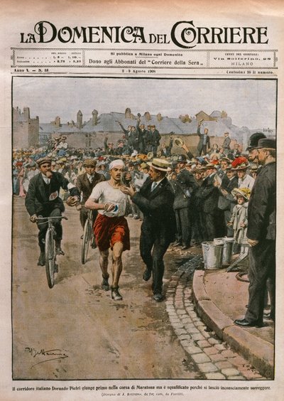 Ankunft von Dorando Pietri (1885-1942) im Marathon, Londoner Olympiade, Illustration von Achille Beltrame aus La Domenica del Corriere, 2.-9. August von Achille Beltrame