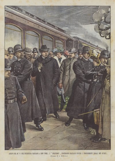 Ankunft des M° und des Orchesters Mascagni in New York, Polizisten schützen Mascagni von Achille Beltrame