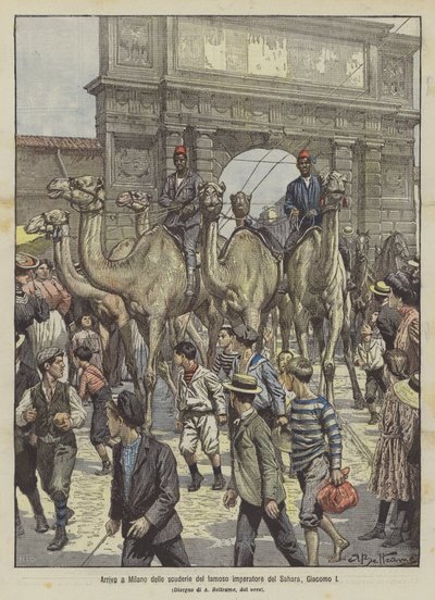 Ankunft der Ställe des berühmten Kaisers der Sahara, Giacomo I., in Mailand von Achille Beltrame