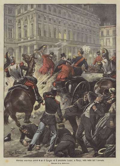 Anarchistischer Anschlag auf den König von Spanien und Präsident Loubet in Paris in der Nacht des 1. Mai von Achille Beltrame