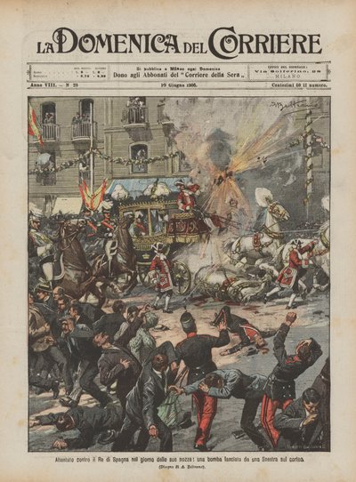 Attentat auf den König von Spanien am Tag seiner Hochzeit, eine Bombe wurde aus einem Fenster auf den Zug geworfen von Achille Beltrame