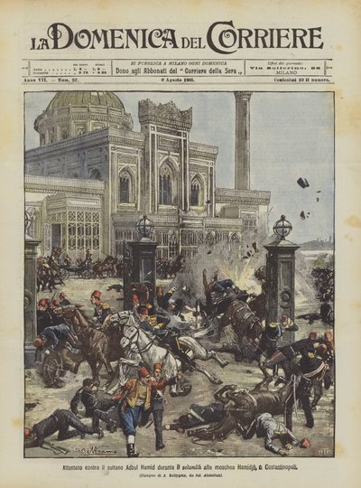 Attentat auf Sultan Abdul Hamid während des Selamlik in der Hamidie-Moschee in Konstantinopel von Achille Beltrame