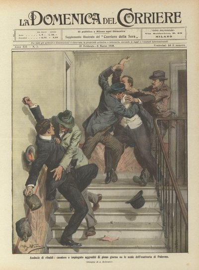 Kühnheit von Schurken, Kassierer und Angestellter am helllichten Tag auf der Treppe des Steueramtes in Palermo angegriffen von Achille Beltrame