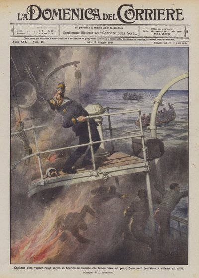 Kapitän eines russischen Dampfers, der mit Benzin beladen ist und auf dem Deck verbrennt, nachdem er... von Achille Beltrame