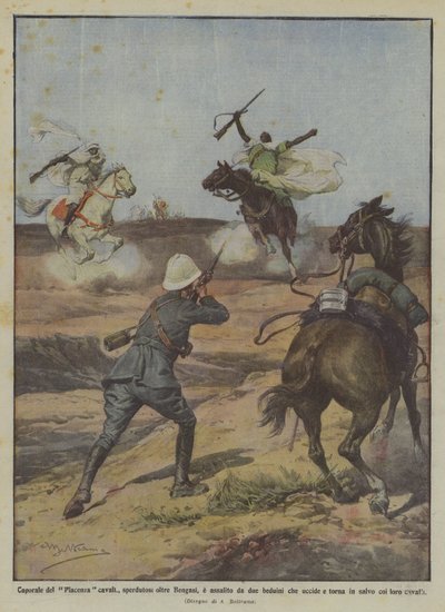 Korporal des Piacenza-Kavallerie, verirrt sich jenseits von Bengasi und wird von zwei Beduinen angegriffen, die er tötet von Achille Beltrame