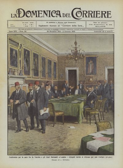 Friedenskonferenz zwischen der Türkei und den Balkanstaaten in London, die türkischen Delegierten... von Achille Beltrame