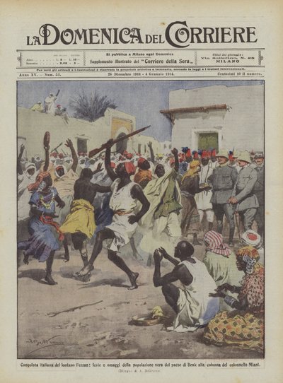 Italienische Eroberung des fernen Fezzan, Feste und Ehrungen der schwarzen Bevölkerung des Dorfes Brak von Achille Beltrame