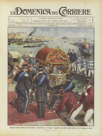 Übergabe der Flagge an den Kreuzer San Marco in Venedig, Transport der Truhe in der Bissona von Achille Beltrame