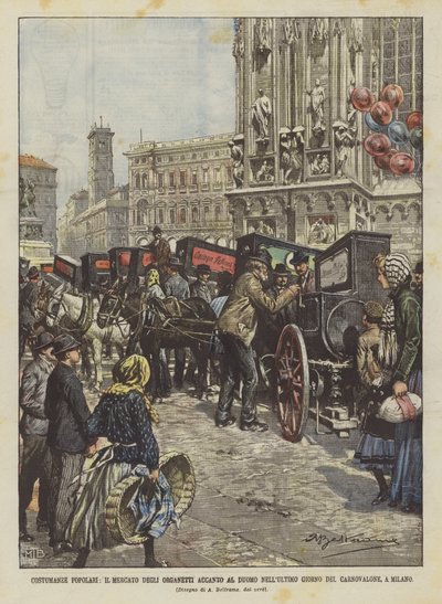 Volksbräuche, der Markt der Drehorgeln neben dem Dom am letzten Tag des Karnevals in Mailand von Achille Beltrame