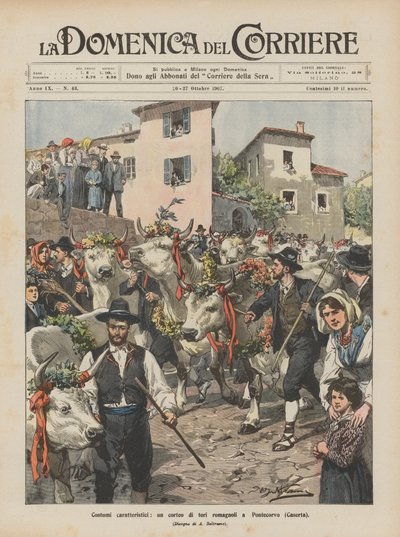 Charakteristische Kostüme, ein Umzug von Romagna-Stieren in Pontecorvo (Caserta) von Achille Beltrame