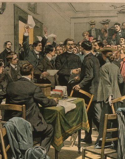Titelillustration von Maxim Gorkys Ankunft bei einem Treffen russischer Revolutionäre; London, England von Achille Beltrame