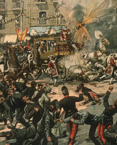 Titelbild des Attentatsversuchs auf König Alfons XIII. an seinem Hochzeitstag, 31. Mai 1906, Madrid, Spanien von Achille Beltrame