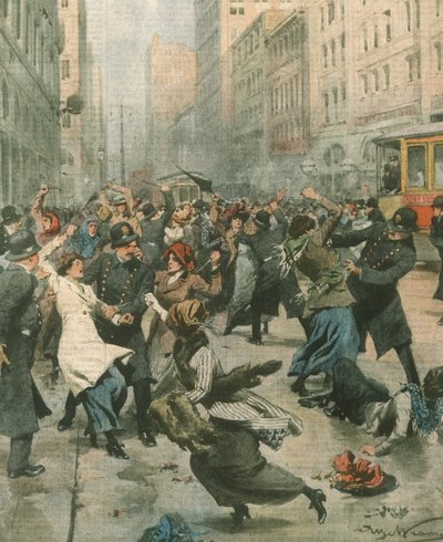 Titelillustration von Frauen, die gegen Arbeitslosigkeit auf der Straße protestieren; New York, USA von Achille Beltrame