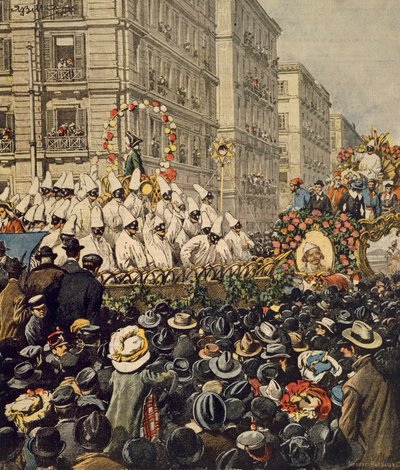 Menschenmengen während des Karnevals in Neapel, von Achille Beltrame, Illustration, Illustrator Achille Beltrame (1871-1945), aus La Domenica del Corriere, 31. Januar 1904 von Achille Beltrame