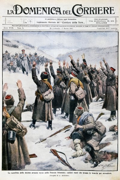 Niederlage der zehnten russischen Armee in Ostpreußen: Russische Soldaten heben die Arme zur Kapitulation, Tafel von Achille Beltrame (1871-1945) aus La Domenica del Corriere, 28. Februar-7. März 1915 von Achille Beltrame