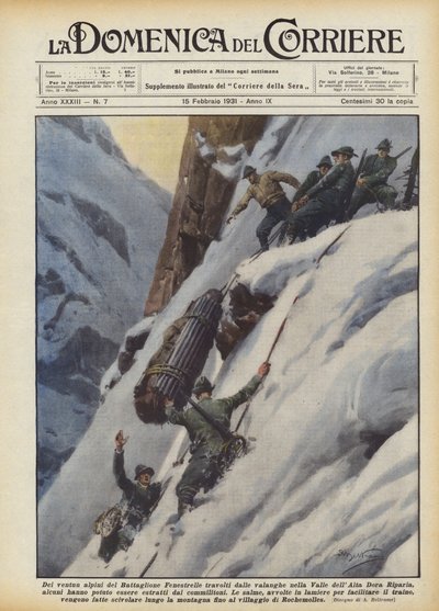 Von den einundzwanzig Alpini des Bataillons Fenestrelle, die von Lawinen im Alta Dora-Tal verschüttet wurden von Achille Beltrame
