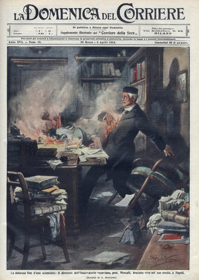 Gestorben in seinem Labor in Neapel von Giuseppe Mercalli, italienischer Seismologe und Vulkanologe. Illustration von Achille Beltrame für „La Domenica del Corriere“. 1914. von Achille Beltrame