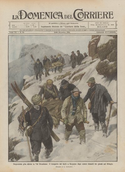 Unglücklicher Ausflug in die Alpen im Val Brembana, der Transport der Verletzten nach Bergamo nach drei Tagen von Achille Beltrame