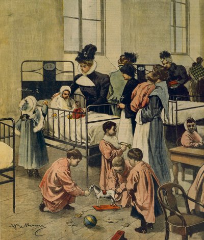 Verteilung von Weihnachtsgeschenken an arme Kinder im Krankenhaus, Illustration von Achille Beltrame von Achille Beltrame