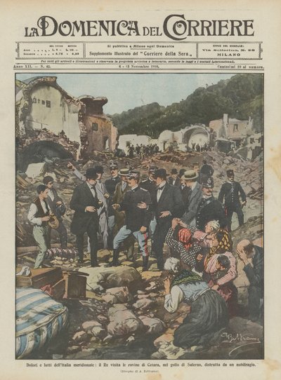 Schmerzen und Trauer Süditaliens, der König besucht die Ruinen von Cetara im Golf von Salerno von Achille Beltrame
