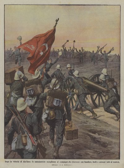 Nach dem Sieg von Ain-Zara, die begeisterten Begrüßungen der zurückkehrenden Kameraden mit Fahnen von Achille Beltrame