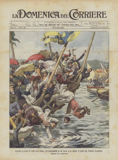 Während der Schwimmwettbewerbe in La Spezia, der Zusammenbruch einer Tribüne und der Sturz des applaudierenden Publikums ins Meer von Achille Beltrame