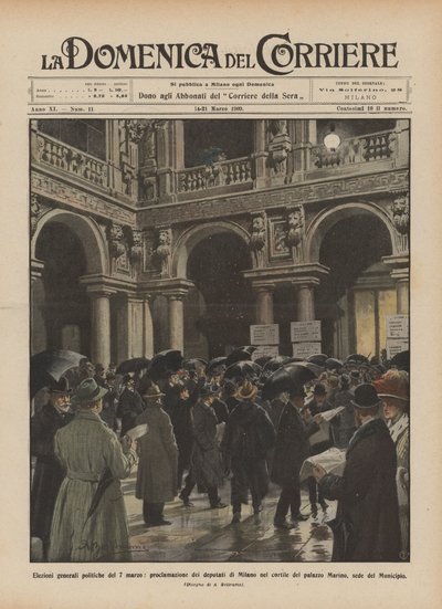 Allgemeine politische Wahlen am 7. März, Proklamation der Abgeordneten von Mailand im Hof des ? von Achille Beltrame