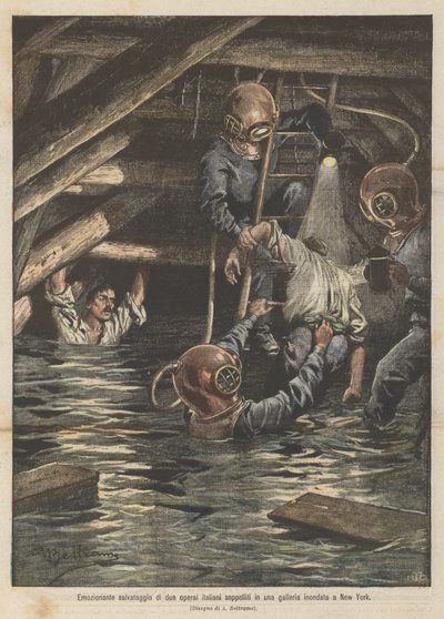 Spannende Rettung von zwei italienischen Arbeitern, die in einem überfluteten Tunnel in New York begraben wurden von Achille Beltrame