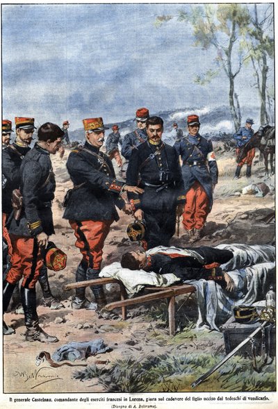 Episode des Krieges von 1914: General Noel Edouard de Curieres de Castelnau (1851-1944), Kommandant der französischen Armee in Lothringen, schwört am Leichnam seines toten Sohnes, ihn zu rächen. Illustration von Achille Beltrame in „La Domenica del Corrier von Achille Beltrame