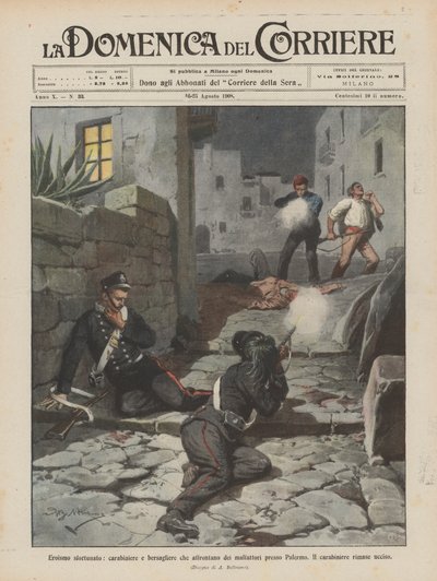 Unglücklicher Heldentum, ein Carabiniere und ein Bersagliere stellen sich Verbrechern bei Palermo von Achille Beltrame