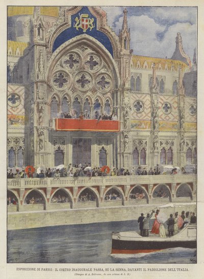 Ausstellung in Paris, der Eröffnungszug passiert auf der Seine den Pavillon von Italien von Achille Beltrame