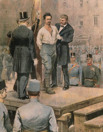 Hinrichtung von Cesare Battisti in Trento, von Achille Beltrame, Illustration, Illustrator Achille Beltrame (1871-1945), aus La Domenica del Corriere, Juli 1916 von Achille Beltrame