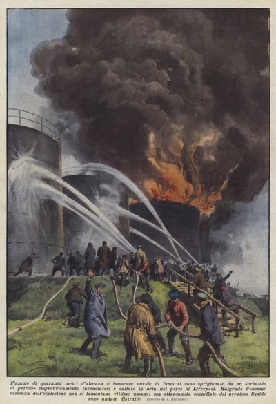 Flammen von vierzig Metern Höhe und riesige Rauchwolken stiegen aus einem Tank auf von Achille Beltrame
