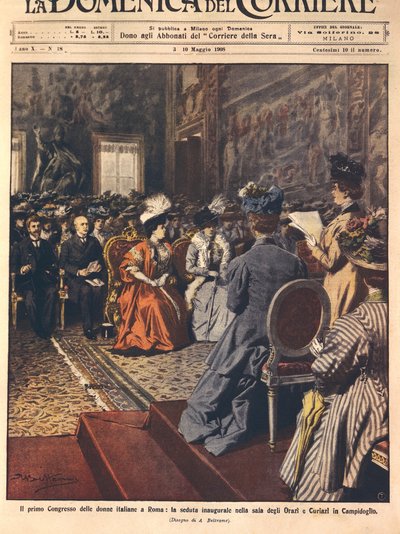 Erster italienischer Frauenkongress im Kapitol, Rom, Illustration von Achille Beltrame aus La Domenica del Corriere, 3. Mai von Achille Beltrame