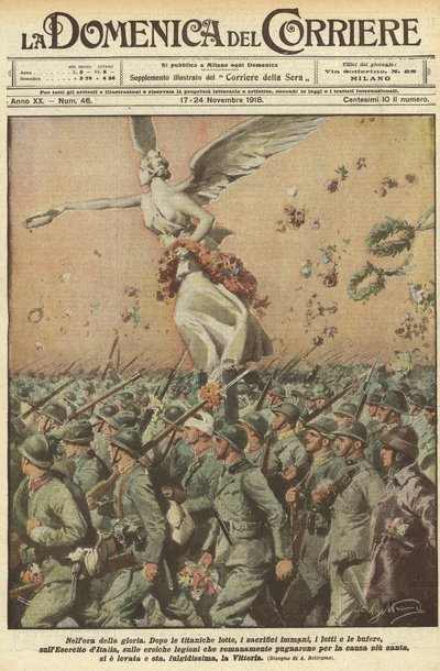 Erster Weltkrieg 1918 - Italien im Krieg. Tag des Sieges. In der Stunde des Ruhms. Nach einem titanischen Kampf, den immensen Opfern, den Toten, den Stürmen, hat die Armee Italiens, die heldenhaften römischen Legionen, die für die heiligste Sache kämpften, von Achille Beltrame
