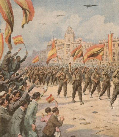 Francos Spanien zieht mit seinen Siegesfahnen in Madrid ein, Achille Beltrame, aus La Domenica del Corriere, 2. April von Achille Beltrame