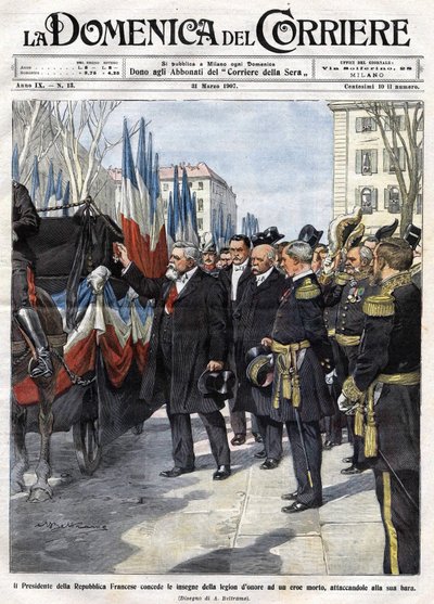 Französischer Präsident Armand Fallieres verleiht die Ehrenlegion-Medaille, Ill. von Beltrame, La Domenica del Corriere, 31.03.1907 von Achille Beltrame