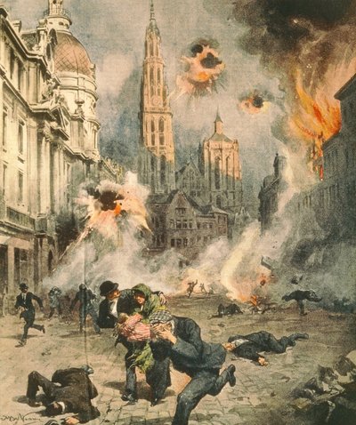 Deutsche bombardieren und besetzen Antwerpen, Illustration von Achille Beltrame aus La Domenica del Corriere von Achille Beltrame