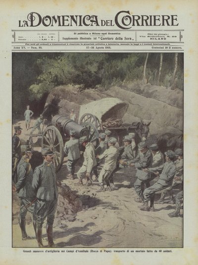 Große Artilleriemanöver auf den Feldern von Annibale (Rocca di Papa), Transport eines Mörsers durch 60 Soldaten von Achille Beltrame