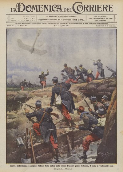 Modernster Krieg, deutsches Flugzeug in französische Schützengräben bei Soissons abgeschossen von Achille Beltrame