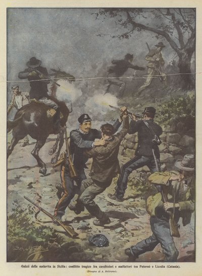 Blitze des Verbrechens in Sizilien, tragischer Konflikt zwischen Carabinieri und Verbrechern zwischen Paterno und Licodia (Catania) von Achille Beltrame