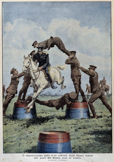 Pferdespringen: Englische Husaren bei den Londoner Turnierproben - Zeichnung von A. Beltrame, in „La Domenica del Corriere“ von Achille Beltrame