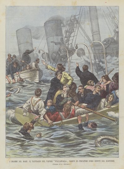 Die Dramen des Meeres, das Schiffswrack des Dampfers Wallawalla, beladen mit Goldsuchern aus dem Klondike von Achille Beltrame