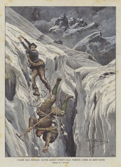 Die Dramen des Berges, vier Bergsteiger von einem Sturm erfasst und auf dem Mont Blanc gestorben von Achille Beltrame