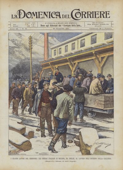 Die großen Arbeiten des Simplons, die italienischen Arbeiter gehen von Iselle zur Arbeit in die Galerie von Achille Beltrame
